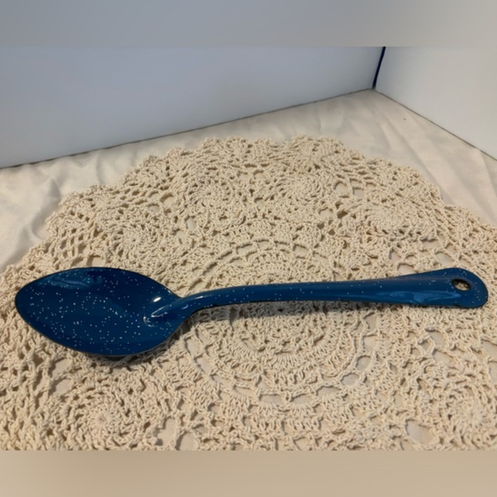 Vintage Blue Speckled With White Granitware Enamelware Large Spoon